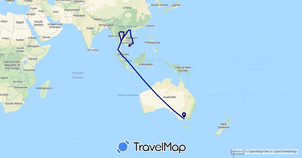 TravelMap itinerary: driving in Australia, Laos, Malaysia, Singapore, Thailand, Vietnam (Asia, Oceania)